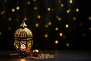 ai gegenereerd eid decoratief traditioneel lampen Aan bokeh achtergrond Aan houten tafel foto