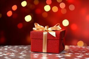 ai gegenereerd rood geschenk doos met Kerstmis ornament Aan rood achtergrond foto