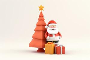 ai gegenereerd 3d weergegeven minimaal de kerstman clausule met Kerstmis boom en cadeaus Aan pastel achtergrond foto