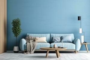 ai gegenereerd blauw leven kamer interieur ontwerp met sofa minimaal esthetisch 3d weergegeven foto