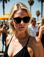 ai gegenereerd foto van mooi vrouw met zonnebril en blond haar- Bij zand strand stad straat, generatief ai