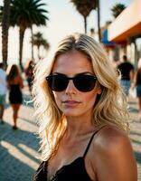 ai gegenereerd foto van mooi vrouw met zonnebril en blond haar- Bij zand strand stad straat, generatief ai