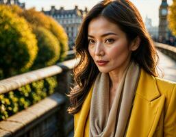 ai gegenereerd foto van mooi Aziatisch vrouw met geel pak en sjaal staand Bij straat en brug in de ochtend, generatief ai