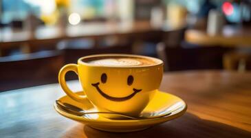 ai gegenereerd ochtend- gelukzaligheid - geel koffie kop met glimlachen gezicht emoticon foto