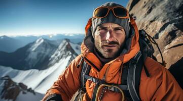 ai gegenereerd berg majesteit - klimmer tegen met sneeuw bedekt backdrop foto