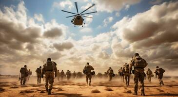 ai gegenereerd leger gevecht in de woestijn - anti-terrorist operatie tafereel foto