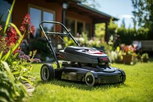 ai gegenereerd tuinieren innovatie - hedendaags gazon maaier in actie foto