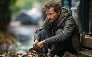 ai gegenereerd portret van wanhoop - dakloos Mens Aan stad straten foto