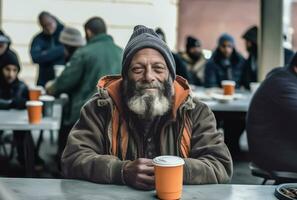 ai gegenereerd een kantine van zorg - dakloos geluk in gemeenschap dining foto