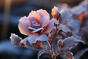 ai gegenereerd mooi roze roos in de sneeuw foto