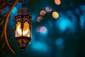 ai gegenereerd een verlichte Arabisch kleurrijk hangende Ramadan lantaarn foto