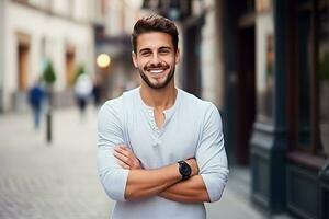 ai gegenereerd portret van knap mode Mens model- in pak poseren Aan straat foto