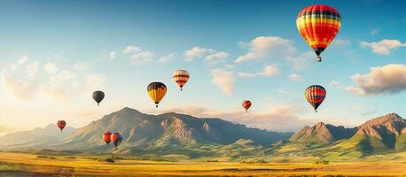 ai gegenereerd kleurrijk heet lucht ballonnen vliegend over- berg foto