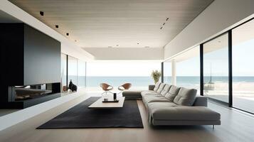 interieur van modern leven kamer met zee visie, sofa en koffie tafel foto