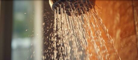 close-up van water dat uit de douche stroomt in het badkamerinterieur foto