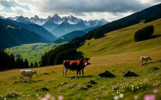 ai gegenereerd oostenrijks alpine pracht idyllisch begrazing in Tirol weide ai gegenereerd foto