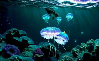 ai gegenereerd verlichte diepten een fantastisch reis in de gloeiend rijken van onderwater- fantasie ai gegenereerd foto