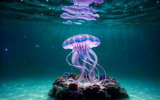 ai gegenereerd verlichte diepten een fantastisch reis in de gloeiend rijken van onderwater- fantasie ai gegenereerd foto