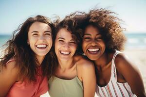 ai gegenereerd groep van vrienden omarmen en glimlachen samen foto