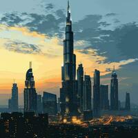 ai gegenereerd Dubai stad horizon met een hoog toren gemaakt met generatief ai technologie foto