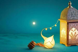 ai gegenereerd viering van Islamitisch eid mubarak en eid al adha lantaarn achtergrond en banier ontwerp. pro foto