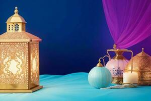 ai gegenereerd viering van Islamitisch eid mubarak en eid al adha lantaarn achtergrond en banier ontwerp. pro foto