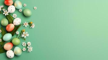 ai gegenereerd kader achtergrond met Pasen geschilderd eieren met bloemen Aan groen helling achtergrond. banier met kopiëren ruimte. ideaal voor Pasen Promotie, voorjaar evenement, vakantie groet, advertentie foto