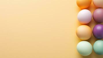 ai gegenereerd top visie van Pasen geschilderd kleurrijk eieren Aan licht geel helling achtergrond. banier met kopiëren ruimte. perfect voor Pasen Promotie, voorjaar evenement, vakantie groet, advertentie, feestelijk foto