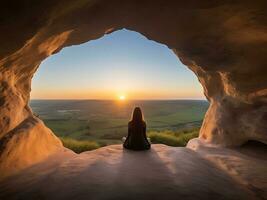 ai gegenereerd hartvormig grot serenade vrouw staren Bij zonsopkomst, liefde concept foto