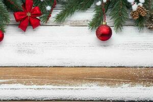 ai gegenereerd Kerstmis houten achtergrond met sneeuw. vrolijk Kerstmis en nieuw jaar banier met kopiëren ruimte. pro foto