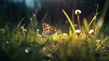 ai gegenereerd vlinder in de gras weide Bij nacht generatief ai foto