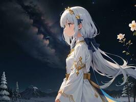 ai gegenereerd anime karakter met sterrenhemel lucht en hemel- ster zichtbaar roman achtergrond foto