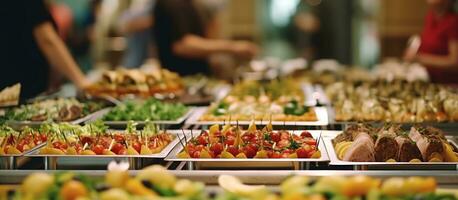 ai gegenereerd mensen groep catering buffet voedsel binnen- in restaurant foto