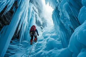 ai gegenereerd ijzig kloof beklimmen, extreem winter stijgen foto