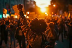 ai gegenereerd uitdagend vuist opstaan, zonsondergang protest eenheid foto