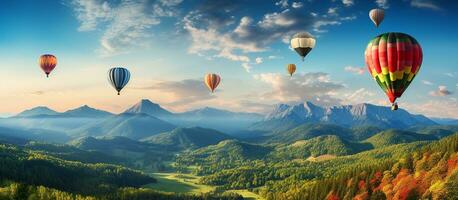 ai gegenereerd kleurrijk heet lucht ballonnen vliegend over- berg foto