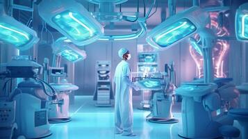 ai gegenereerd in werking kamer dokter of chirurg anatomie Aan Geavanceerd robot chirurgie machine foto