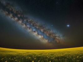 ai gegenereerd surrealistische landschap met veld- en natuur op zoek Bij de hemel- sterrenhemel lucht majestueus achtergrond foto