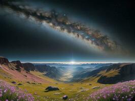 ai gegenereerd surrealistische landschap met veld- en natuur op zoek Bij de hemel- sterrenhemel lucht majestueus achtergrond foto