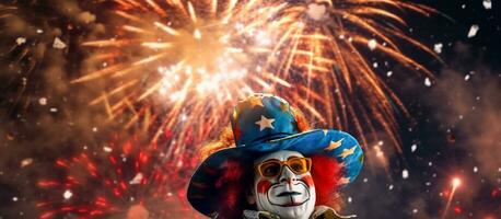 ai gegenereerd gelukkig harlekijn clown met vuurwerk Aan achtergrond achteraanzicht foto