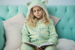 ai gegenereerd grillig lezen jong meisje omarmt voorjaar in pastel pyjama foto