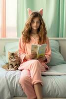 ai gegenereerd grillig lezen jong meisje omarmt voorjaar in pastel pyjama foto