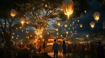 ai gegenereerd de traditioneel olympisch lantaarn evenement en een licht tonen gedurende schemering. blij viering generatief ai foto