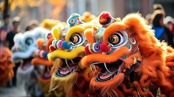 ai gegenereerd een groep van Chinese leeuw dansers uitvoeren in een straat. dongzhi festival. generatief ai foto