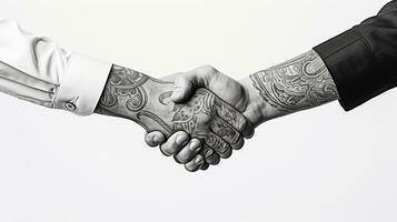 ai gegenereerd tatoeëren handdruk twee zakenlieden betekent: geslaagd overeenkomst wit achtergrond. generatief ai foto