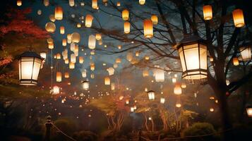ai gegenereerd stadsgezicht verlichte door lantaarns en neon lichten Bij nacht foto