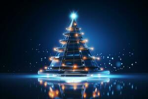 ai gegenereerd blauw Kerstmis boom concept gemaakt van licht spoor technologie concept foto