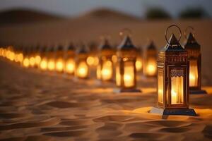 ai gegenereerd sier- Arabisch lantaarn gloeiend in woestijn voor moslim heilig maand Ramadan kareem foto
