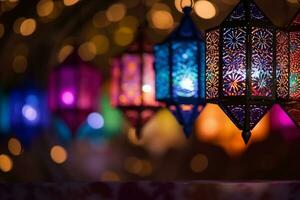 ai gegenereerd kleurrijk hangende Arabisch lantaarn gloeiend voor moslim heilig maand Ramadan kareem foto