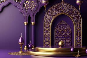 ai gegenereerd gouden en Purper Islamitisch podium achtergrond met overladen ontwerp foto